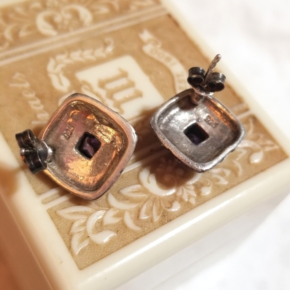 VTG Amethyst Marcasite Sterling Silver Domed Square Earrings - Picture 4 of 7